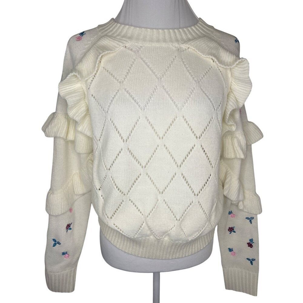 Lea & Viola Sweater Embroidered Floral Cream Color Size MED